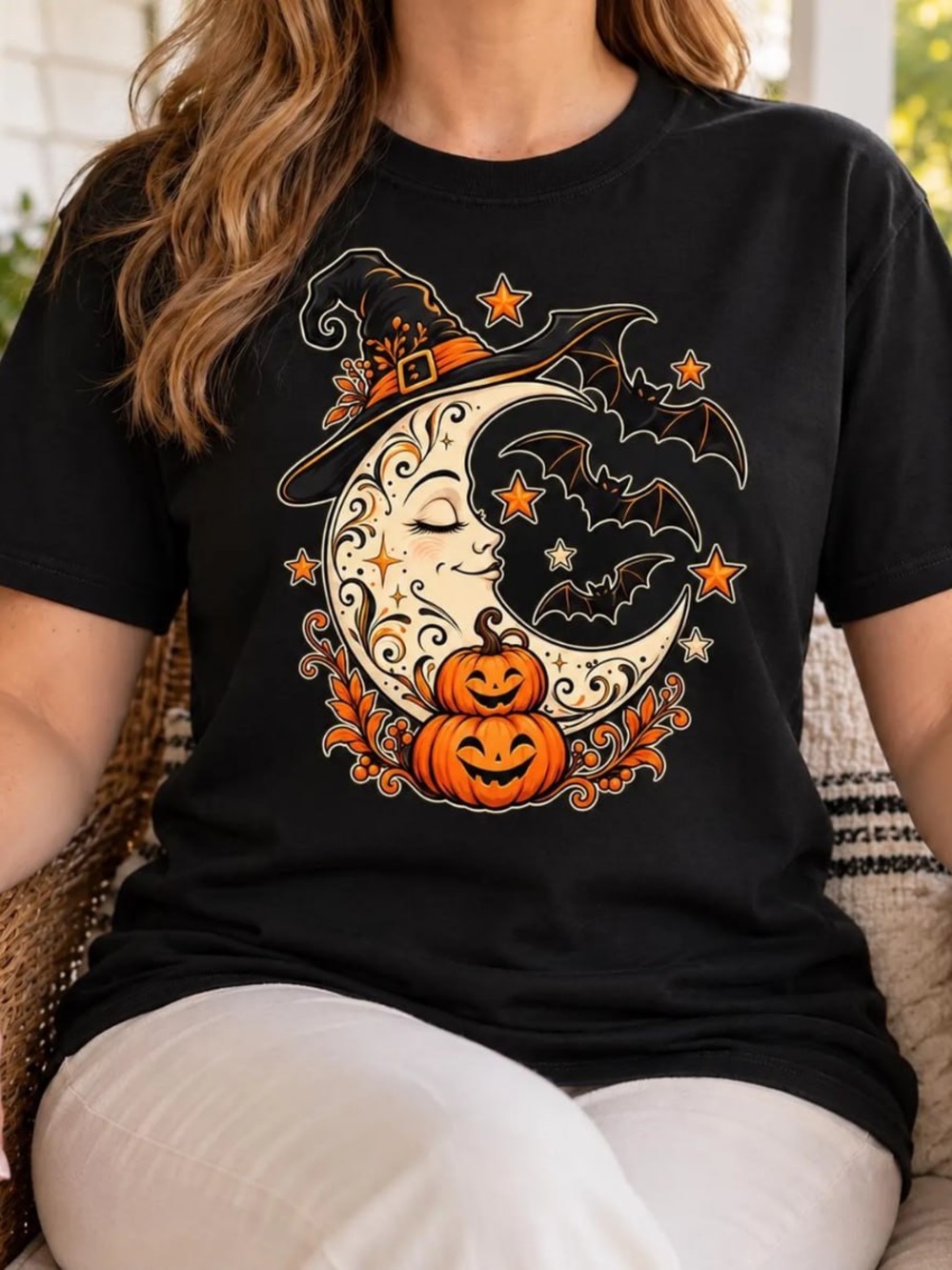 Halloween Moon & Pumpkins Graphic Tee - Black